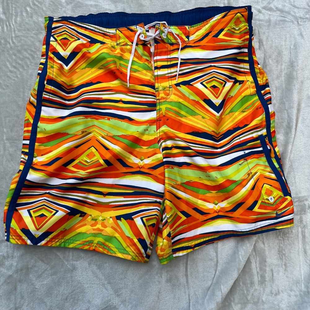 Nike Mens XL Board Shorts Swim Trunks Geometric Abstract Orange Green Blue Multi